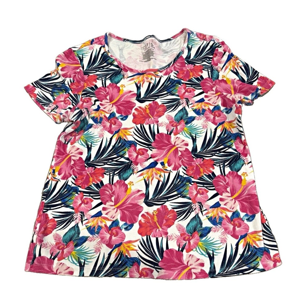 Time and Tru Women's XL Multicolor Tropical Floral Scoop Neck Cotton T-Shirt